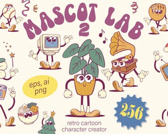Mascot Creation Kit Bundle, Retro Groovy Mascot Characters Creator, Character Design, Vintage Cartoon Mascot Maker, Faces, Hands, Legs, Logo