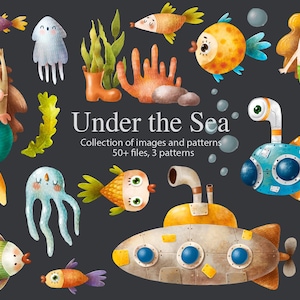 気まぐれな人魚の手描きイラスト、海のシーンクリエーター、かわいい魚のクリップアート、海賊船、水中アドベンチャー、子供向けの本