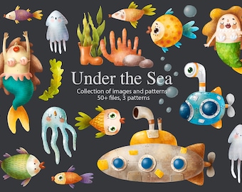 Whimsical Mermaids hand drawn illustrations, Ocean Scene Creator, Cute Fish Clipart, Pirate Ship, Underwater Adventure, Children’s Book