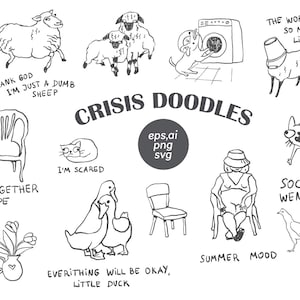Crisis Doodles SVG Bundle, lustige minimalistische Skizze Clipart mit passenden Zitaten, Absurd Line Art für Drucke, Poster, Tattoos, Aufkleber