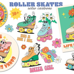 Retro roller skates, roller girl, groovy illustrations, vector, vintage, retro disco vibes nostalgic graphic design
