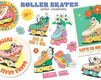 Clipart di pattini a rotelle retrò e groovy, personaggi mascotte vintage e funky, design audaci e colorati, risorse di design estetiche in stile anni '70, poster adesivo