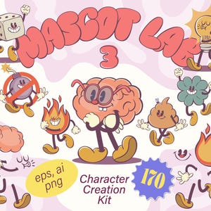 Pacote de kit de criação de mascotes, criador de personagens mascotes retrô e descolados, design de personagens retrô, criador de mascotes, rostos descolados, mãos, design de logotipo
