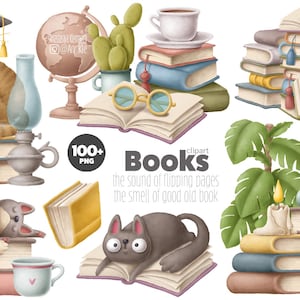 Bibliothèque dessinée à la main super mignonne, chats lisant, hiboux magiques, illustrations vintage, bougies et lampes à huile, esthétique confortable, impressions