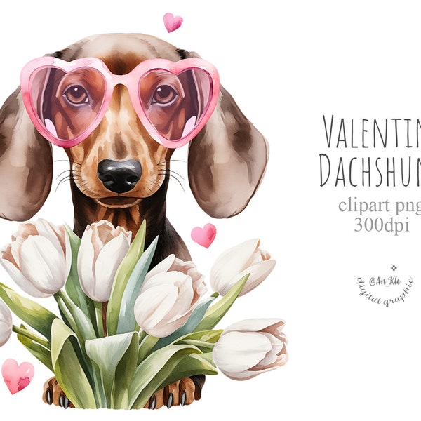 Valentine Dackel Porträt, herzförmige Brille, Blumenstrauß, Grußkarten Sublimationsdesign, digitaler Download