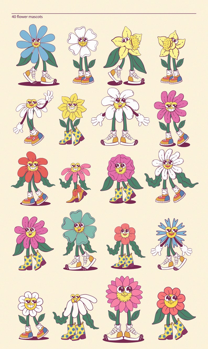 Flower Power Mascot Clipart Collection, Retro Groovy Mascot Creation Kit, Character Design, Logo