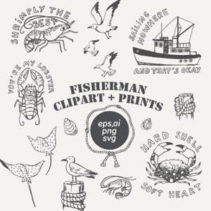 Imágenes prediseñadas e impresiones de estética de pescador, Canva SVG, plantilla de logotipo del océano, impresiones de vida marítima, arte lineal, garabatos minimalistas, dibujados a mano