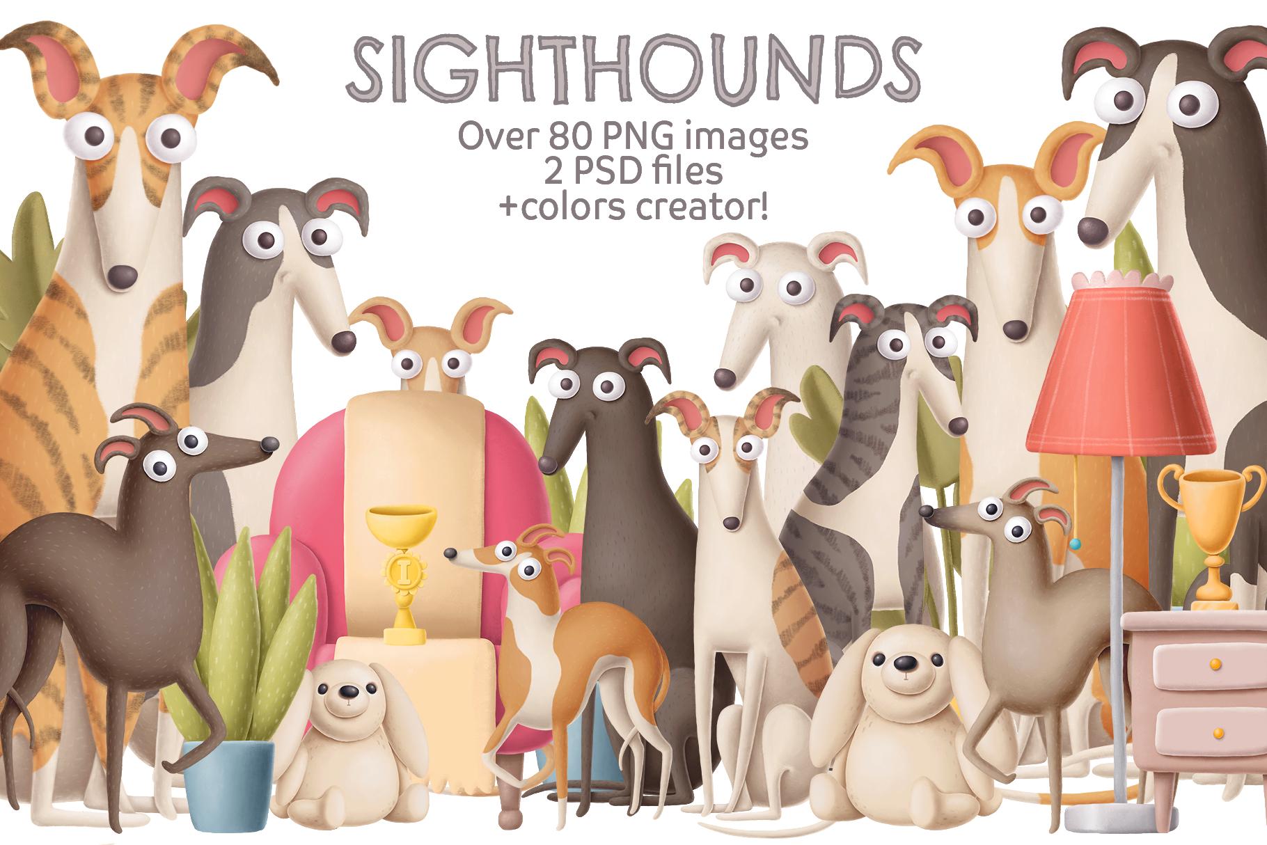 Whippet and Greyhound clipart set, Funny sighthound dog illustrations for stickers and prints, Cute Italian Greyhound art, Hand drawn