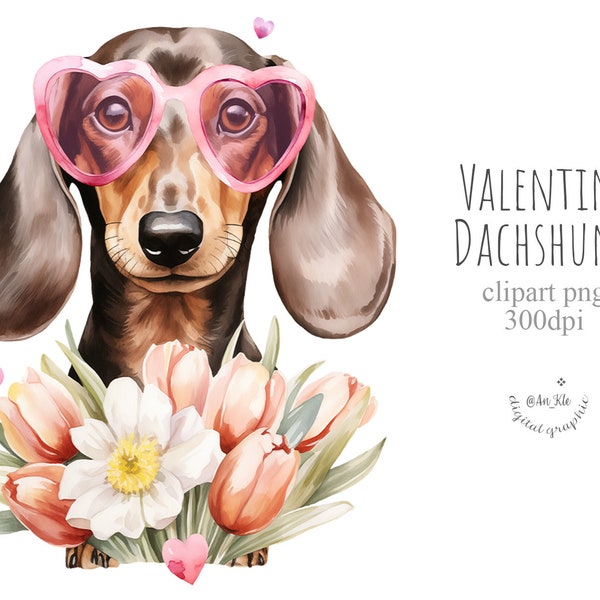 Valentine Dackel Porträt, herzförmige Brille, Blumenstrauß, Grußkarten Sublimationsdesign, digitaler Download