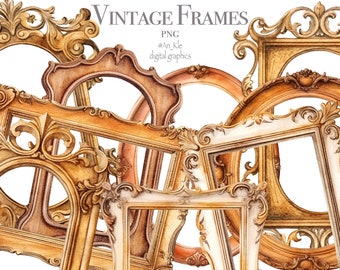 Vintage antique watercolor frames clipart png digital download, old classic frames png overlays, baroque frame