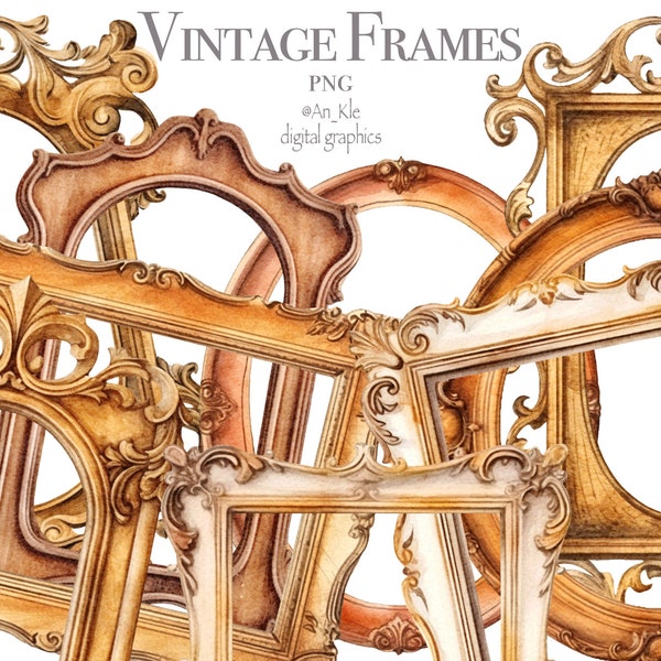 Vintage antique watercolor frames clipart png digital download, old classic frames png overlays, baroque frame