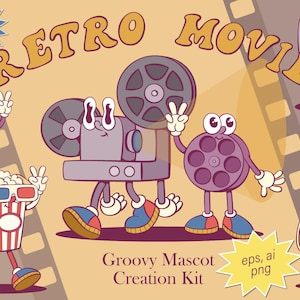 Movie Mascot Creation Kit Set, Retro Groovy Cinema Mascot Creator, Character Design, Vintage Cartoon Mascot Maker, Onderdelen, Jaren 60