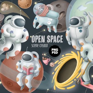 Creador de escenas del espacio exterior, ilustraciones de astronautas dibujadas a mano, espacio fantástico, kit de creación, sistema solar, libro infantil, clipart cósmico