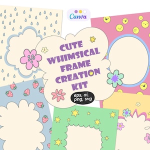 Süßes, skurriles Rahmenkit, Kawaii Pastellfarbene Rahmen und Karten, ästhetische digitale Rahmen, spielerische Scrapbook-Elemente, EPS PNG SVG, Canva-Vorlage