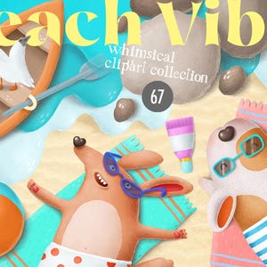 Clipart z psem na plaży, letnie psy na piasku z falami, mewy, artykuły plażowe, zabawne zwierzęta, nadmorskie ręcznie rysowane ilustracje