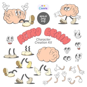 Retro Groovy Brain Mascot Creation Kit, Mascot Parts, Retro Logo Template, Canva Elements, Vintage Cartoon, Character Creator, DIY