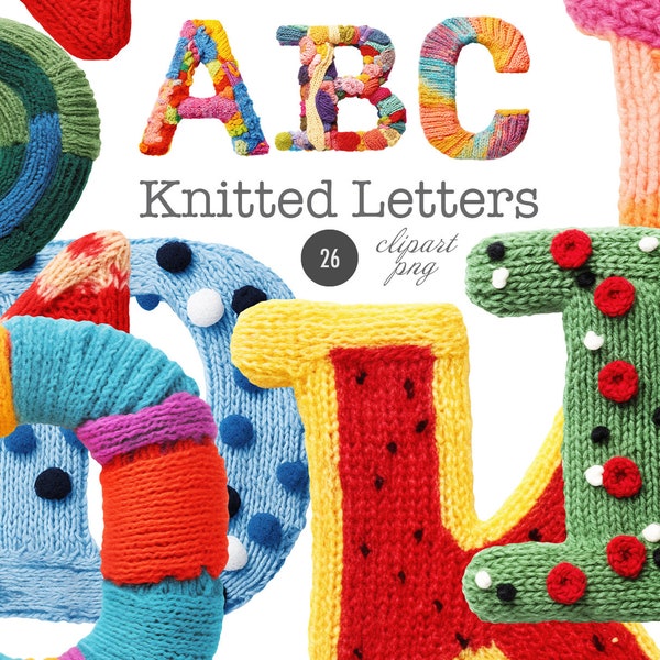 Knitted Letters clipart png digital download, alphabet clipart, wool yarn, cozy abc