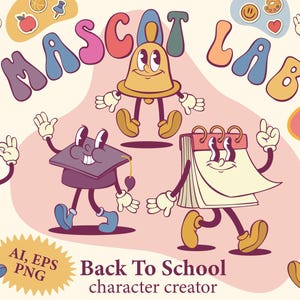 Back To School Mascot Creator, Retro Groovy School Items Clipart Download, Teacher, Education, Old-School, Sublimation, Logo Design