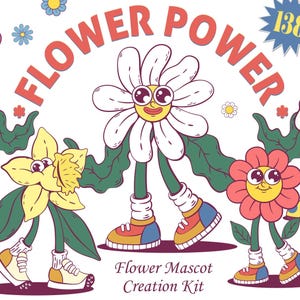 Collection de cliparts mascotte Flower Power, kit de création de mascotte groovy rétro, création de personnages, logo, affiche d'art mural, nostalgie, années 70, vintage