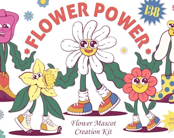 Kit per la creazione di mascotte di fiori fantastici, personaggi retrò del giardino primaverile (SVG, PNG, EPS)