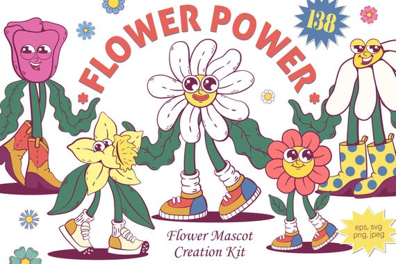 Groovy Flower Mascot Creation Kit, Retro Spring Garden Characters