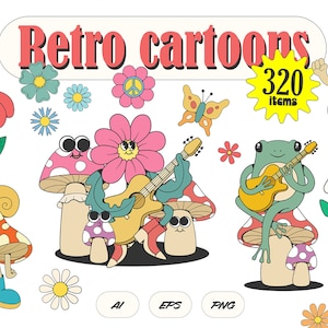 Retro groovy Cartoon Illustrationen, Character Design, Maskottchenteile, groovy Blumen, Frosch auf dem Pilz, psychedelisch, Retro Poster