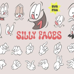 Könnte beinhalten: Eine Sammlung von Illustrationen im Cartoon-Stil mit verschiedenen albernen Gesichtern und behandschuhten Händen. Die Gesichter haben übertriebene Ausdrücke mit großen Augen, Nasen und Münder. Der Text "SILLY FACES" ist in einer Retro-Schriftart. Eine gelbe Stern-Grafik mit "SVG PNG" ist ebenfalls enthalten.