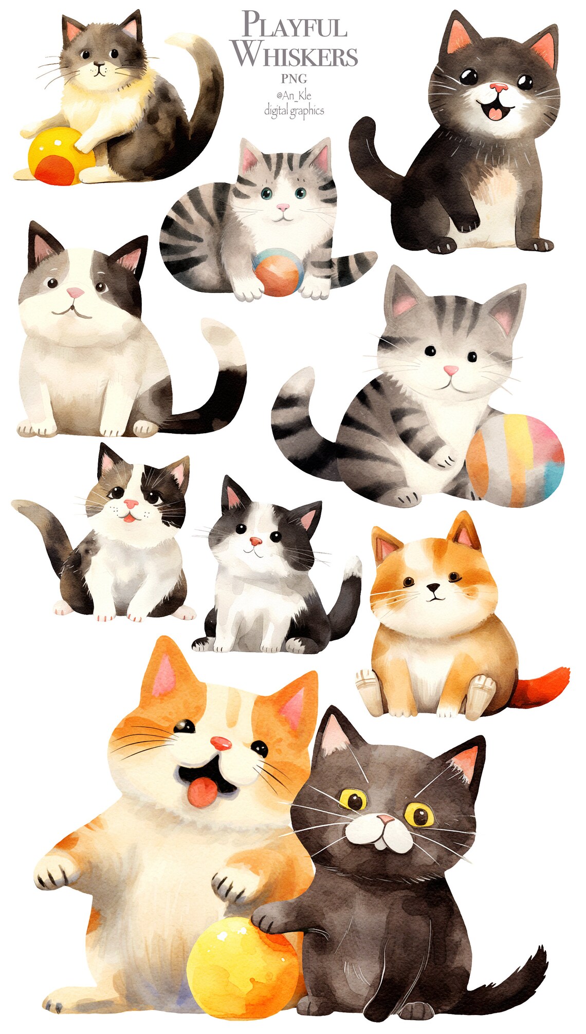 Whimsical Kittens Clipart Png Digital Download, Cute Playful Cats ...