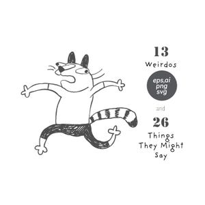 Personaggi strani e divertenti con citazioni, tatuaggio minimalista in stile line art, scarabocchi di gatti eccentrici per adesivi, stampe da parete, poster di fumetti