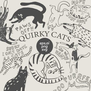 Dessins au trait chats illustrations dessinées à la main, vecteur eps svg, impression chat, croquis à l'encre, art du tatouage, svg sur toile, contour des chats, dessin au trait