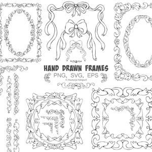 Könnte beinhalten: Eine Sammlung handgezeichneter schwarz-weißer Rahmen und dekorativer Elemente. Das Bild enthält verschiedene Rahmenformen, darunter ovale, rechteckige und Eckdesigns, sowie Bogenillustrationen. Der Text lautet "HAND DRAWN FRAMES" und Informationen zum Dateityp.