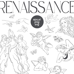 Renaissance bruiloft clipart, vintage zeer fijne tekeningen, klassieke kunstesthetiek, engeltje engel, Venus, drie gratiën, Canva-sjabloon, handgetekende