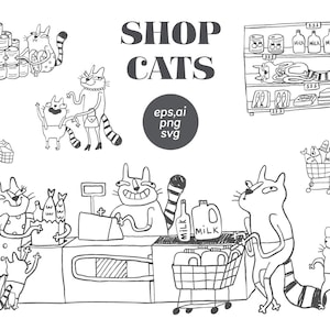 Funny Shopping Cat Clipart, Minimalist Line Art SVG, Grocery Store Comic Doodles, Sarcastic Printable Characters for Shirts & Stickers