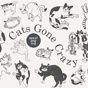 Crazy Cat Clipart Bundle, Funny Sketch Style Cat Illustrations, Weird Line Art Cats For Cricut And Print, Tattoo Style Cat SVG Set