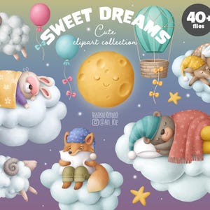 Słodkie sny, słodkie śpiące zwierzęta, clipart – wystrój pokoju dziecięcego, Dreamland PNG, zaproszenie na baby shower, księżyc i chmury