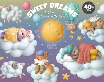 Sweet Dreams Cute Sleeping Animals Clipart – Baby Nursery Decor, Dreamland PNG, Baby Shower Invitation, Moon and Clouds
