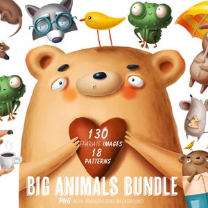 Bundle super mignon de personnages d'animaux fantaisistes, carte de voeux, anniversaire, clipart amour, animaux avec des coeurs, câlins, impressions murales de chambre d'enfant