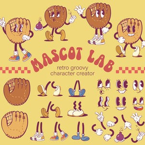 Retro groovy honkbalhandschoen mascottecreatiekit - eps, png, mascotteonderdelen, ontwerp honkbalsport stripfiguur