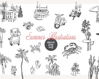 Hand-Drawn Vintage Summer Sketch Illustrations (SVG PNG)