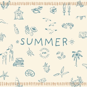 Zomer handgetekende illustraties, visseresthetiek, tropisch eiland, palmbomen, schelp clipart, maritiem leven, schets zomer doodles