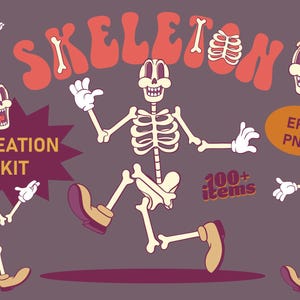 May include: A vintage-style skeleton creation kit featuring a central skeleton figure, bone elements, and character heads. The word "SKELETON" is in orange, with "CREATION KIT" and "100+ items" also visible. The background is a muted purple.