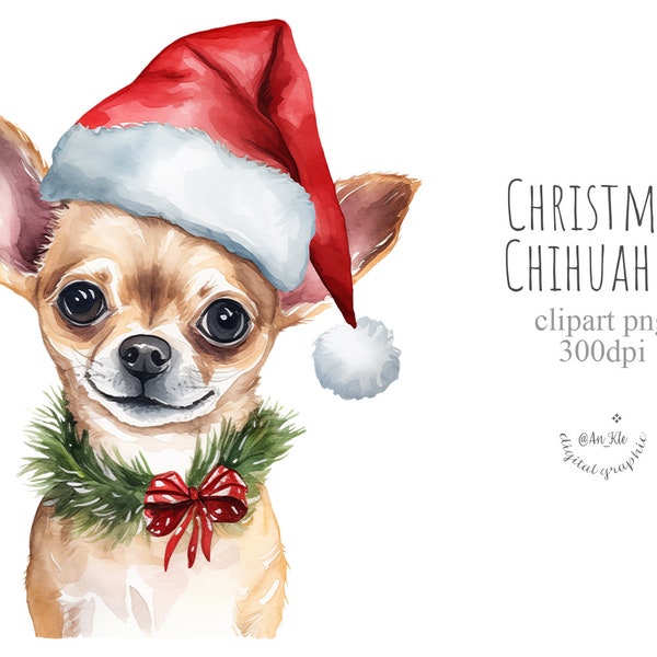 Christmas Chihuahua dog in santa hat clipart png digital download, Christmas lights, greeting card, xmas, watercolor illustration