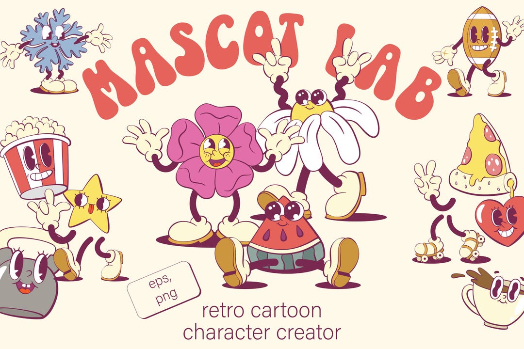 Retro Groovy Mascot Creator Bundle, Cartoon Character Design (png