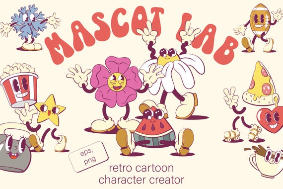 Retro Groovy Mascot Creator Bundle, Cartoon Character Design (png