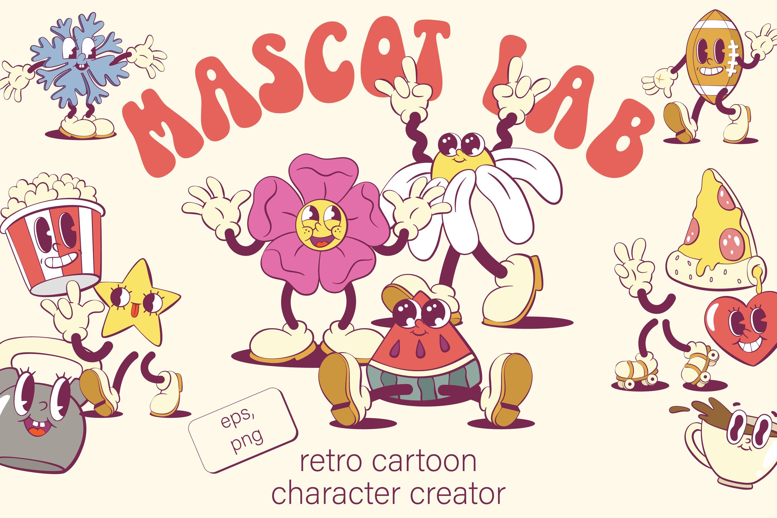 Retro Groovy Mascot Creator Bundle, Cartoon Character Design (png