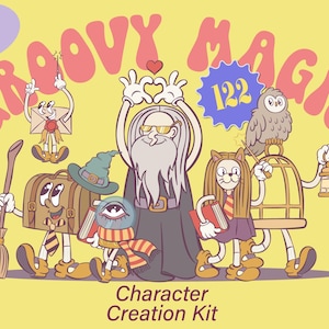 Magical retro cartoon character creation kit, Mascot parts, Vintage Character design, Retro logo template, Groovy magic clipart
