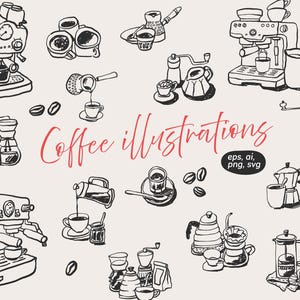 Dessin au trait café lunatique SVG, illustrations de café dessinées à la main, style minimaliste, machine à expresso, conception de menus de café modèle Canva