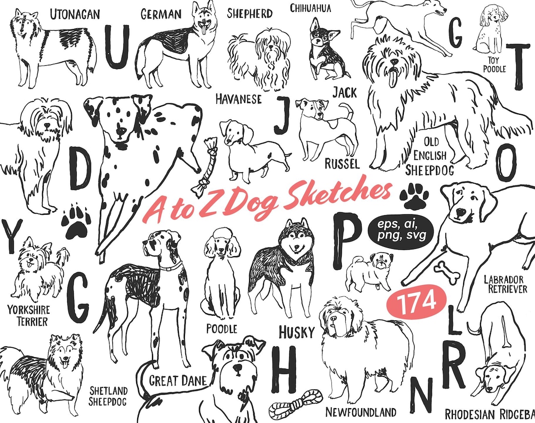Whimsical Dogs Line Art SVG, A to Z Dog Breeds Clipart, Hand Drawn