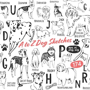 Grillige honden zeer fijne tekeningen SVG, A tot Z hondenrassen clipart, handgetekende schetsen, doodle hond vector png, hond logo sjabloon