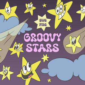 Peut inclure: Illustration de dessins animés avec des étoiles jaunes aux visages expressifs, certaines avec des traînées d'étoiles filantes et des nuages bleus sur fond violet. Le texte "GROOVY STARS" est en rose. Une étoile "SVG PNG" est également présente.
